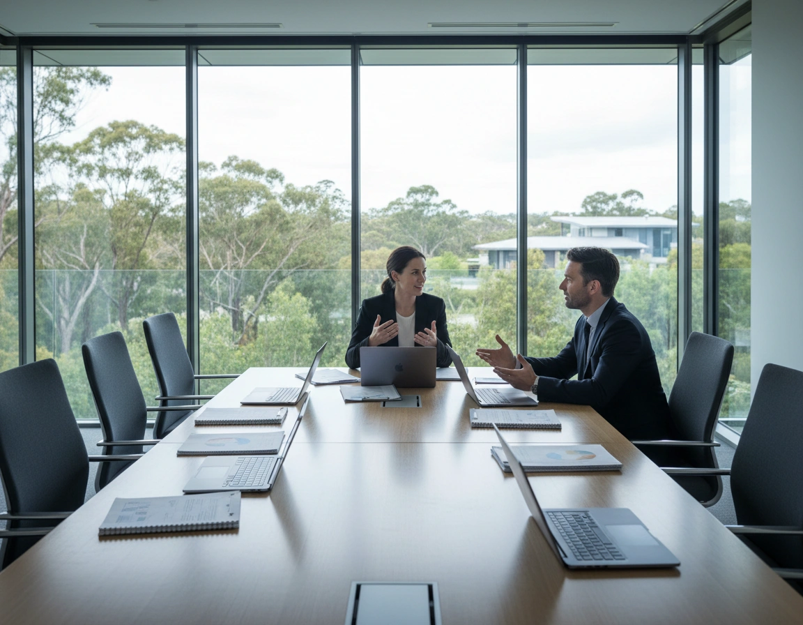 A boardroom table with laptops and reports