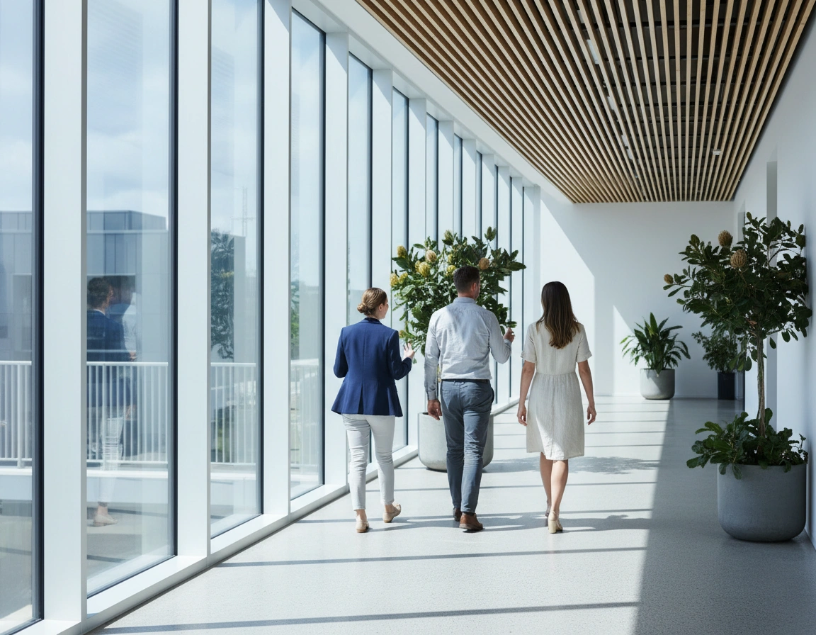 Colleagues walking and talking through an office