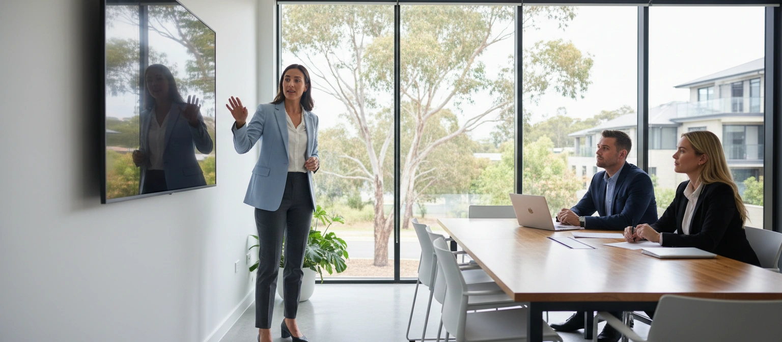 A consultant presenting to a small group in a boardroom