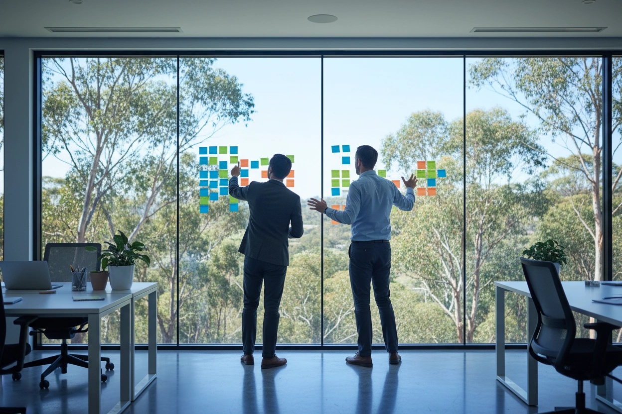 A strategy session with notes on a glass wall